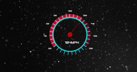 Neon futuristic speedometer hud displaying 124mph with red needle and cyan ticks
