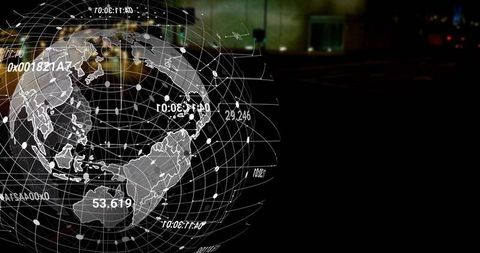 Projecting Holographic Wireframe Globe with Data Nodes, Coordinates and Network Grid