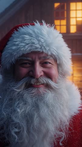 Santa Claus smiling and greeting at cozy cabin window, leaning close | Vertical video