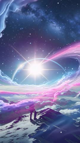 Explorer Standing on Snowy Ridge Gazing at Glowing Orb and Aurora Above Clouds Vertical Video