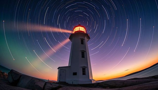 Lighthouse projecting red beacon under swirling star trails at twilight over rocky coast