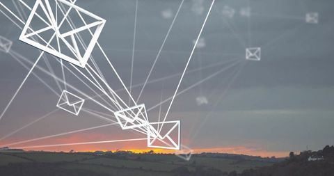 Digital Communication Concept Over Rural Sunset Landscape