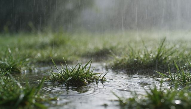 Close-up rain-soaked grass tuft creating ripples in puddle, macro tranquil overcast nature