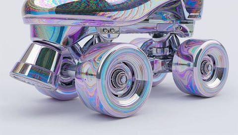 Iridescent holographic quad roller skate close-up featuring chrome trucks and glossy wheels
