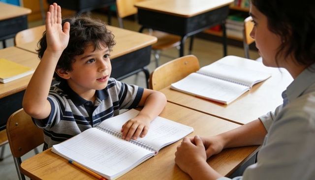 Young student raising hand asking teacher for help during classroom learning moment