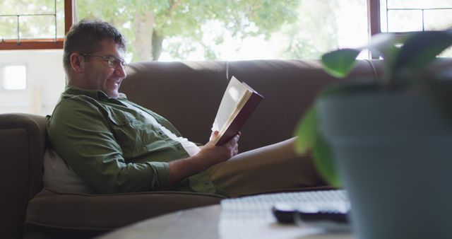 Man enjoying book in cozy living space with sunlight streaming through window and indoor plant nearby. Ideal for concepts of leisure, relaxation, homely atmosphere, and peaceful moments. Suitable for websites, blogs, or magazines focused on lifestyle, reading habits, or interior decor.