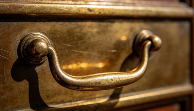Shining worn brass bail pull reflecting warm light on antique desk drawer with patina