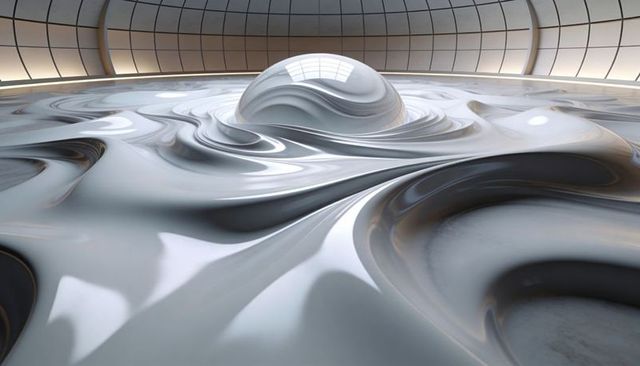 Showcasing glossy pearlescent floor with central reflecting dome in futuristic gallery
