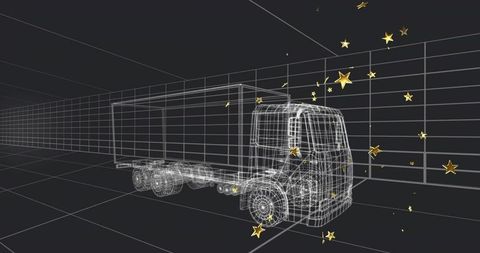 Futuristic Wireframe Cargo Truck with Floating Golden Stars