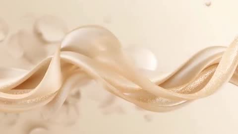 Pearlescent cream ribbons braiding and flowing in slow motion with glossy droplets and bokeh