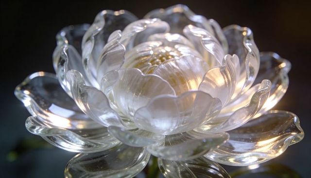 Glass lotus sculpture glowing with warm LED light, macro crystal petals reflecting bokeh