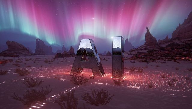Futuristic ai sculpture glowing in desert under aurora borealis with mirrored circuitry
