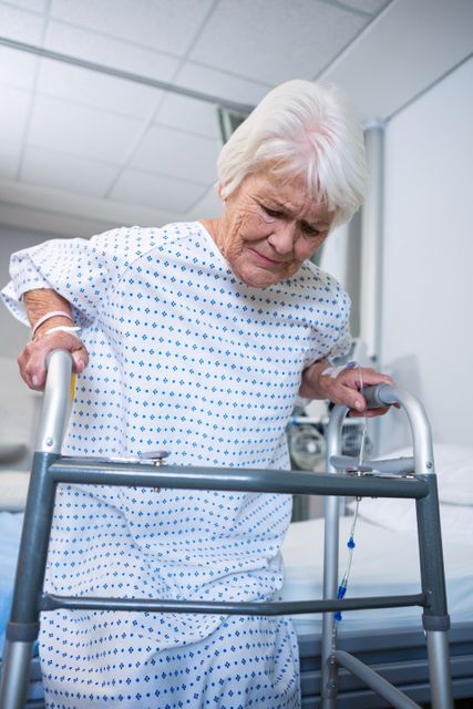 Senior woman using a walker in a hospital room. Ideal for topics related to elderly care, rehabilitation, healthcare, and medical support. Useful for illustrating concepts of mobility assistance, patient recovery, and geriatric care.