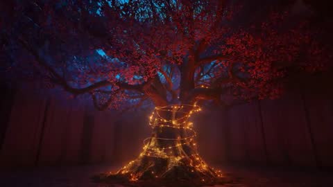 Ethereal Red-Leafed Tree with Spiraling Golden Lights