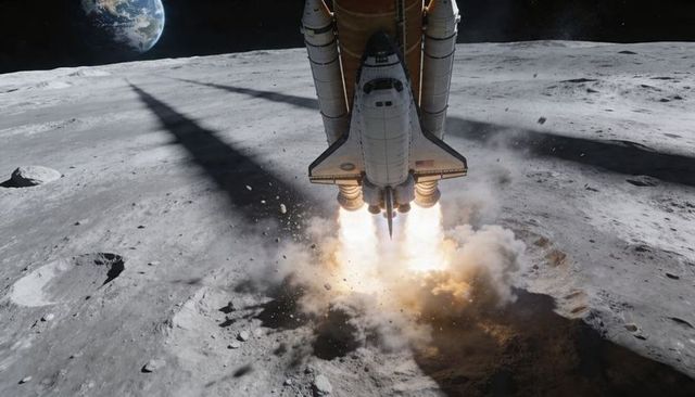 Orbiter shuttle descending to lunar surface with main engines firing and regolith plume