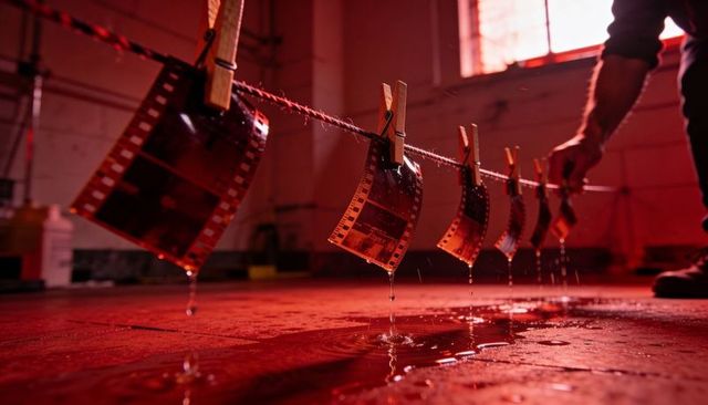 Hanging film negatives dripping developer in red darkroom with clothespins and puddles