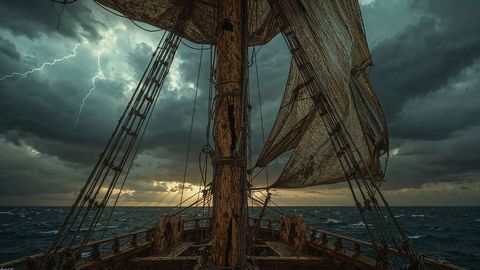 Sailing into the storm: old pirate ship enduring rough seas and lightning
