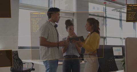 Team Collaborating Over Tablet in Modern Office with Cybersecurity UI Overlay, Data Dashboard
