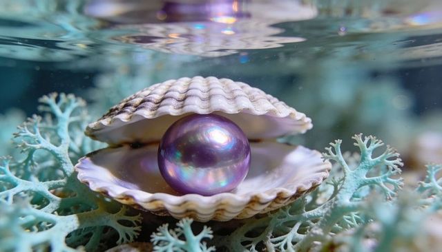 Glowing iridescent purple pearl nestling in open scallop shell underwater with aqua coral