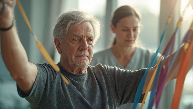 Senior Man Exercising with Resistance Bands in Rehab Clinic