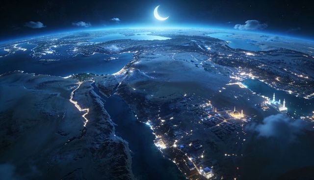 Orbiting earth at night showing crescent moon and glowing city lights across desert coastline