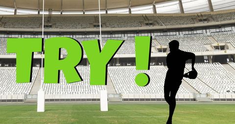 Digital depiction of a rugby player scoring a try, featured over an empty sports stadium. The bold graphic words 'TRY!' emphasize the moment. Useful for sports promotions, social media campaigns celebrating athletics, or rugby-themed marketing materials.