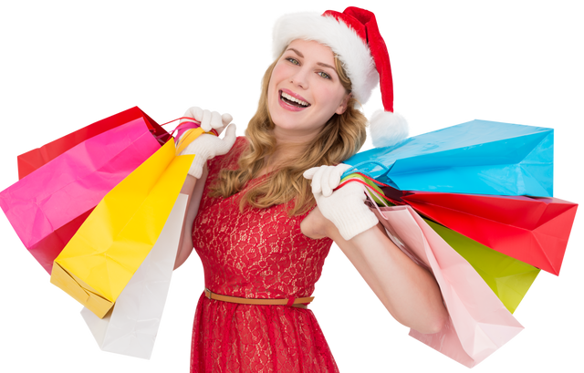 Transparent Smiling Woman in Santa Hat Holding Colorful Shopping Bags - Download Free Stock Videos Pikwizard.com