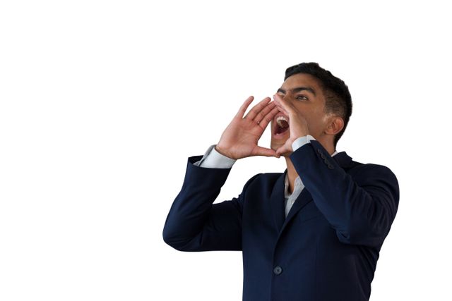 Businessman in a suit shouting with hands cupped around mouth against a white background. Useful for concepts related to communication, announcements, leadership, and corporate messages. Ideal for business presentations, marketing materials, and advertisements.