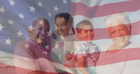 Family Beach Day with Blended American Flag Overlay