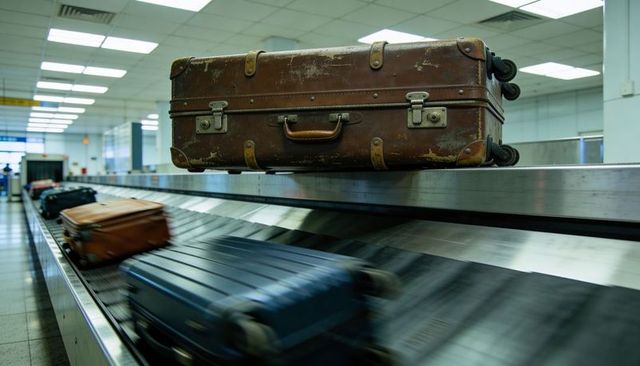 Vintage leather suitcase on airport carousel with motion-blurred modern rolling luggage