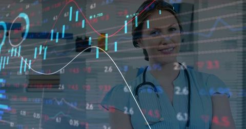 Female Doctor Analyzing Medical Data with Financial Charts Overlay