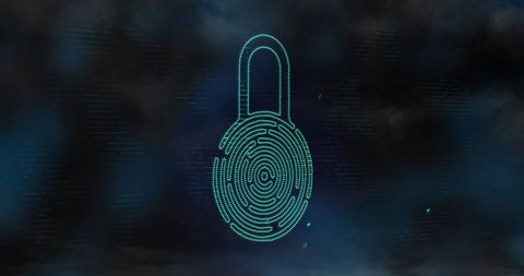 Digital padlock with fingerprint over futuristic background