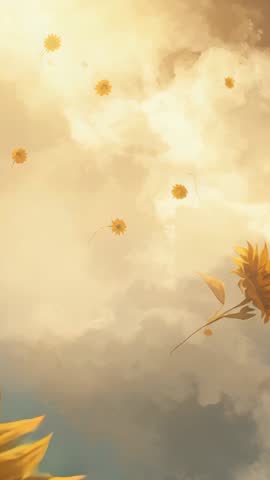 Dreamy Vertical Video of Sunflower Petals Drifting Through Golden Sky with Wide Copy Space