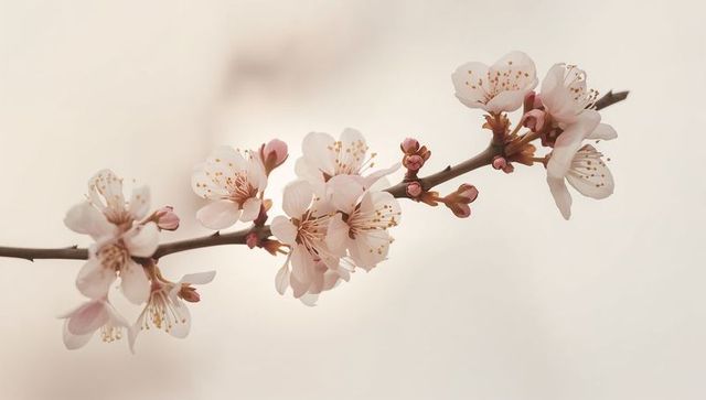 Delicate pink cherry blossom branch floating on soft beige bokeh minimalist spring macro