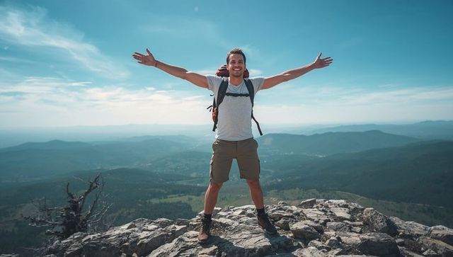 Triumphant male hiker standing on rocky summit arms outstretched overlooking mountain view