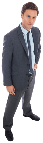 Transparent Stern Businessman in Professional Suit with Hand on Hip
