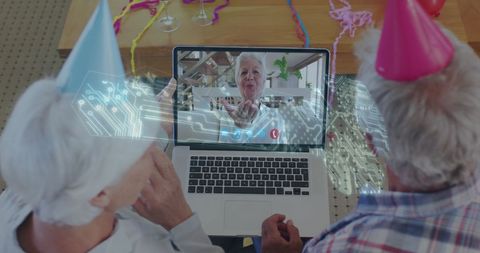 Senior Couple Video Calling with Digital Overlay