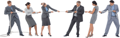 Transparent business team engaged tug of war for teamwork concept