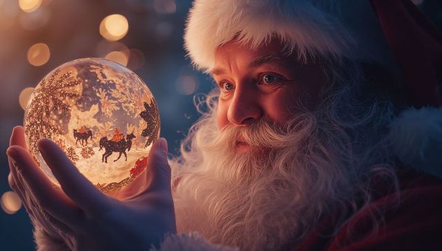 Santa Claus Marveling at Glowing Christmas Ornament