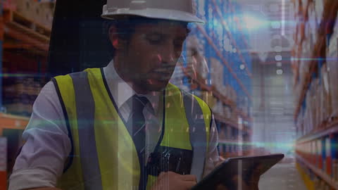 Warehouse Worker Analyzing Data on Tablet with Digital Overlay