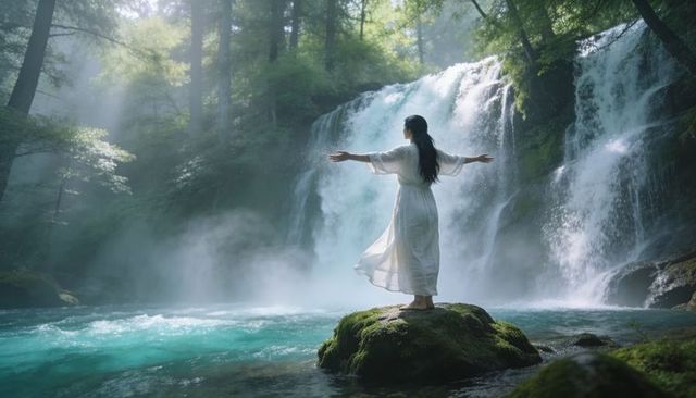 Woman standing on mossy boulder extending arms to turquoise waterfall wearing white dress
