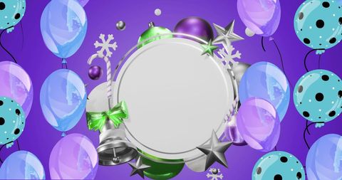 Festive Balloons with Holiday Decorations on Vibrant Purple Backdrop