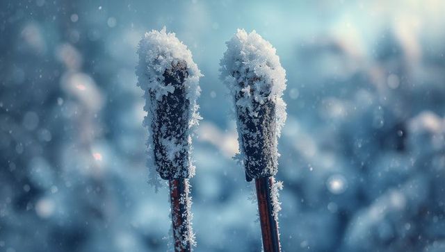 Frost-covered cattail stalks in winter landscape