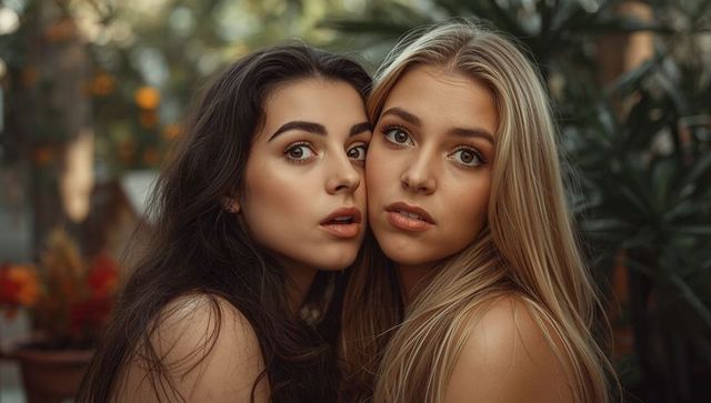 Two young women in greenhouse amidst lush foliage