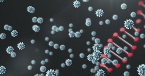 Rotating DNA Strand Amidst Floating COVID-19 Particles on Dark Backdrop