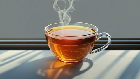 Steaming Glass Cup of Amber Tea by Sunlit Window