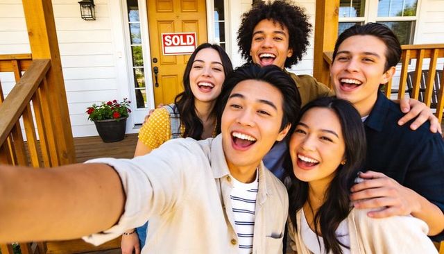Young friends celebrating new homeownership on porch taking joyful selfie with sold sign