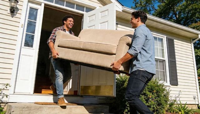 Two men carrying loveseat down front porch smiling during residential move showing teamwork