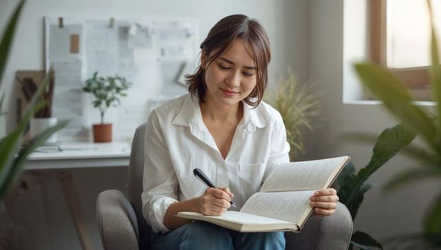 Asian woman writing in journal in sunlit home office, focused minimalist workspace