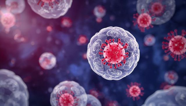 Red Coronavirus Particle Enclosed in Clear Vesicle Microscopic Medical Concept